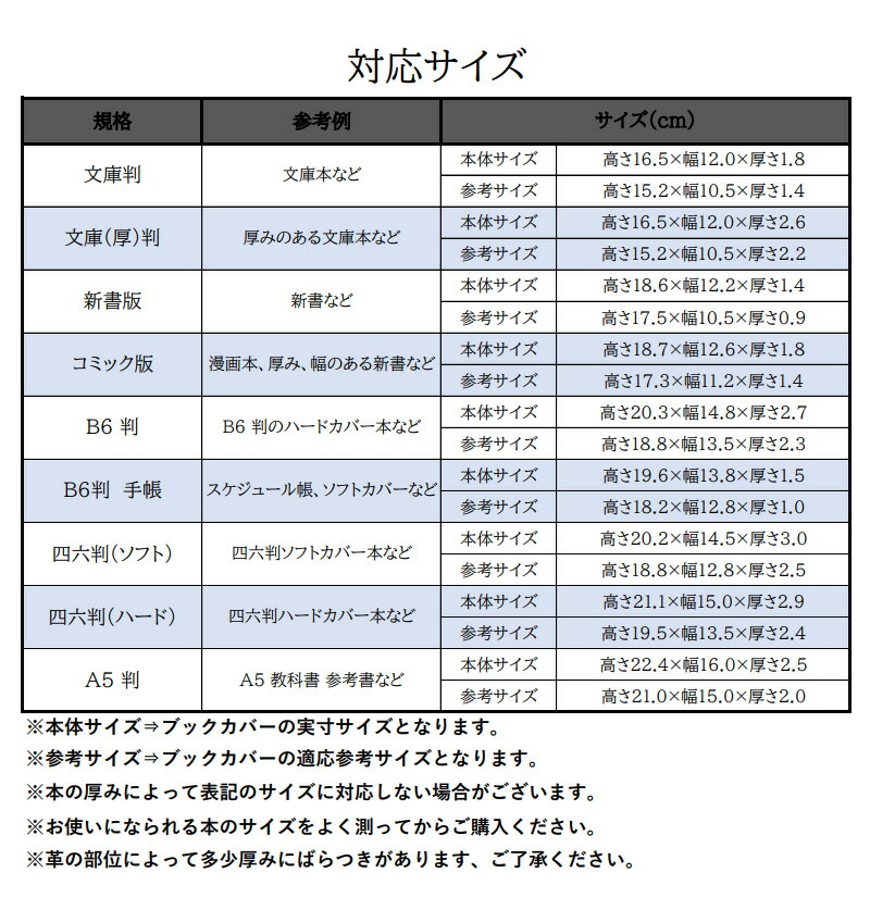 本革ブックカバーの対応サイズ表